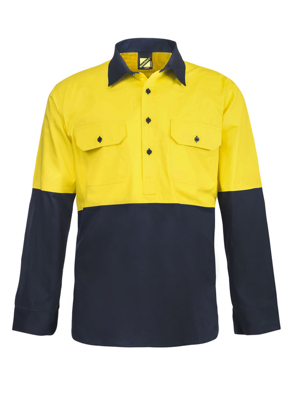 LIGHTWEIGHT HI VIS TWO TONE HALF PLACKET VENTED COTTON DRILL SHIRT WITH SEMI GUSSET SLEEVES