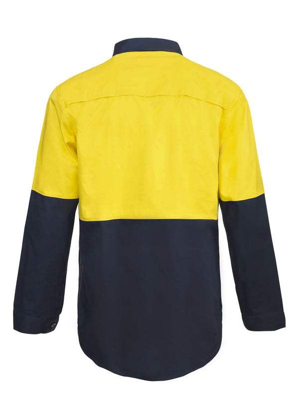 LIGHTWEIGHT HI VIS TWO TONE HALF PLACKET VENTED COTTON DRILL SHIRT WITH SEMI GUSSET SLEEVES