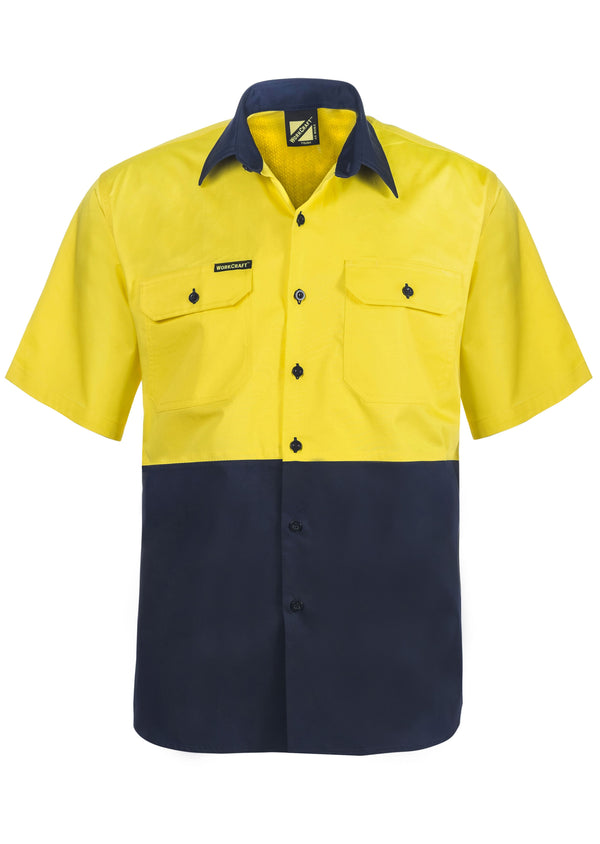 LIGHTWEIGHT HI VIS TWO TONE SHORT SLEEVE VENTED COTTON DRILL SHIRT